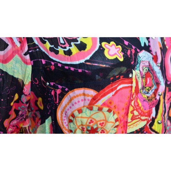 Le Caviar Y2K Music Notes Hearts Geo Print Studs Button Front Crinkle Shirt Sz L - Picture 4 of 9